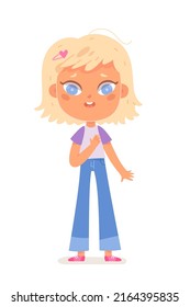 Cute girl holding hand on chest with funny sincere expression on pretty face vector illustration. Cartoon portrait of kid in jeans, child putting arms to show sincerity of feelings isolated on white