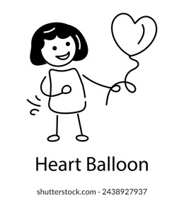 Cute girl holding heart balloon, doodle style icon 