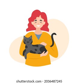 Una chica linda sujetando a su gato. Ilustración vectorial sobre fondo blanco. Feliz retrato de propietario de mascotas.