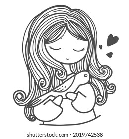 Cute girl holding her pet on hands doodle vector  line from hand drawn