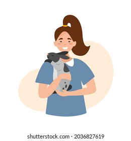 Cute girl holding her rabbit. Vector illustration on white background. Happy pet owner portrait.