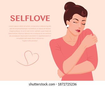 Cute girl holding hugging herself. Self care, body positive concept. Happy woman hugging herself. Positive lady expressing self love and care. Vector illustration for love yourself. Love your body