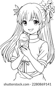 Muchacha linda con helado en la mano y sonriendo. Página de color animado para adolescentes