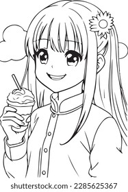 Cute girl holding ice cream in her hand and smiling. Anime coloring page for teenagers
