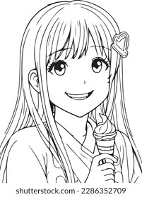 Cute girl holding ice cream in her hand and smiling. Anime coloring page for teenagers