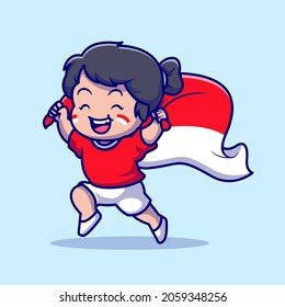 Cute Girl Holding Indonesian Flag Cartoon Vector Icon Illustration. People Holiday Icon Concept Isolated Premium Vector. Flat Cartoon Style