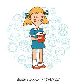 Cute girl holding a jar of jam