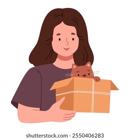 Cute girl holding a kitten in a box. Gift. Adopt a cat from a shelter.