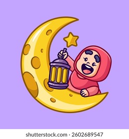 Cute Girl Holding Lantern On Moon Cartoon Vector Icon Illustration. People Religion Icon Concept Isolated Premium Vector. Flat Cartoon Style