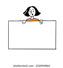 A cute girl is holding a large empty poster in her hands. A design element with space for text. Vector doodle illustration
