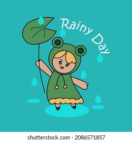 Cute girl holding lotus leaf walking in rainy day.Graphic design outline simple flat vector illustration.Pretty girl  character going in rain. Rainy Season.