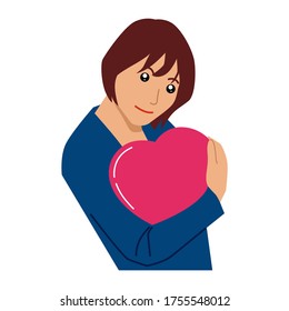 Cute Girl Holding Love Sign. Vector Flat Illustration