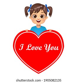 cute girl holding I love u written heart  vector