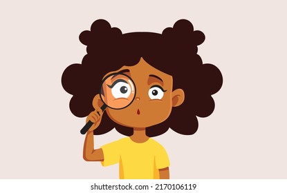 
Cute Girl Holding a Magnifying Glass Looking Closely Vector Cartoon. Curious little child checking with magnifier looking and exploring in detail
