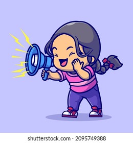 Cute Girl Holding Megaphone Cartoon Vector Icon Illustration. People Technology Icon Concept Isolated Premium Vector. Flat Cartoon Style