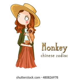 Cute girl holding monkey - symbols of chinese horoscope.