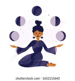 Cute Girl Holding Moon Phases In Hands. Modern Witch, Spirituality Concept. Magic Woman, Witchcraft And Mystery. Cycle From New To Full Moon. Vector Illustration Of Tarot Card Cover, Poster, Postcard.