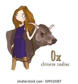 Cute girl holding ox - symbols of chinese horoscope.