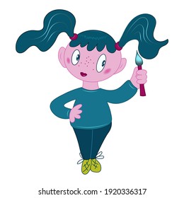 Cute girl holding a paintbrush. Little artist in a blue sweater. Cartoon vector Illustration.