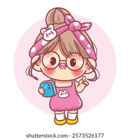 Cute girl holding a phone cartoon character