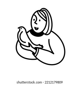 A cute girl is holding a pigeon in her hand. Stylized image. Icon. Avatar. Vector illustration