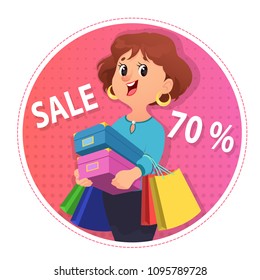 Cute girl holding pile of shoes boxes and clothes bags. Shopping woman cartoon vector illustration
