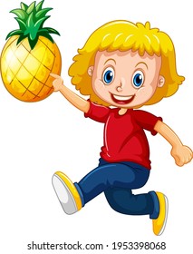 A cute girl holding pineapple cartoon character isolated on white background illustration