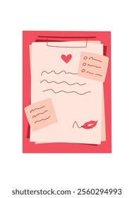 Cute girl holding a pink card with heart and handwritten note. Romantic envelope in flat design elements. Concept of love, celebration, holiday and gift, suitable for greeting invitation purposes.