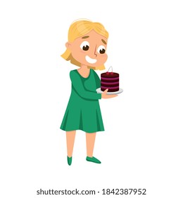 Cute Girl Holding Plate with Chocolate Cake, Kid Enjoying of Eating Yummy Dessert Cartoon Style Vector Illustration