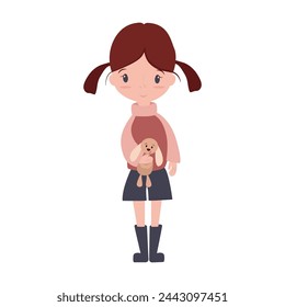 A cute girl is holding a plush hare in her hands.. A beautiful young girl with pigtails. Vector illustration.