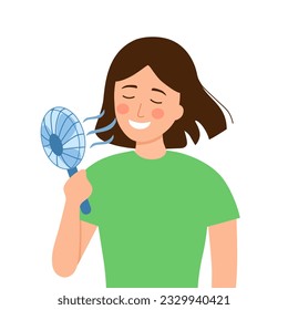 Cute girl holding portable fan blowing her face in flat design.