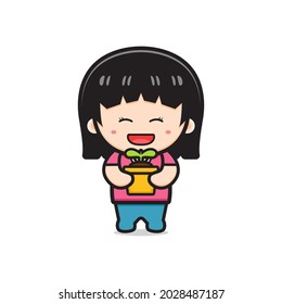 Cute girl holding pot plant cartoon icon illustration. Design isolated flat cartoon style