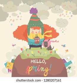 Cute girl holding pot with spring flower. Hello spring