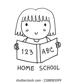 Cute Girl Holding And Reading The Book , With Text Home School Learning , Doodle Cartoon Hand Drawing