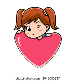 Cute girl holding red heart, valentine concept, cartoon illustration