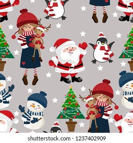 Cute girl holding reindeer doll with snowman and penguin in winter costume, Santa Claus, stars and Christmas tree with gift box seamless pattern on gray background. Vector illustration.