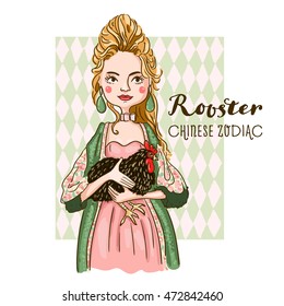 Cute girl holding rooster - symbols of chinese horoscope.