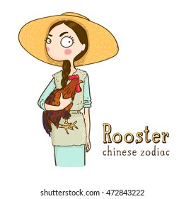 Cute girl holding rooster - symbols of chinese horoscope.