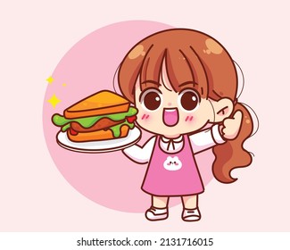 Cute girl holding  Sandwich food logo cartoon hand draw character vector art illustration