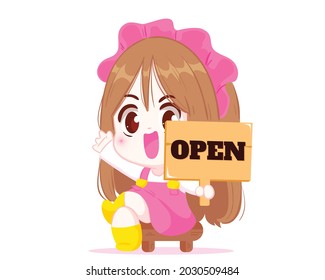 Cute girl holding shop open sign cartoon character cartoon art illustration