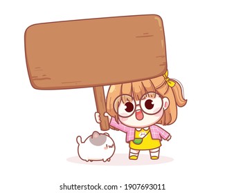 Cute girl holding sign cartoon illustration