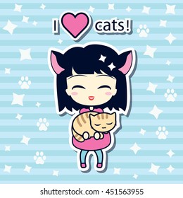 Cute girl holding small cat. With white stroke and shadows isolated  on linear blue background. Vector illustration. Can use for birthday card, as labels etc