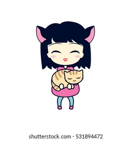 Cute girl holding small cat. Isolated on white background. Vector illustration. Can use for birthday card, as label