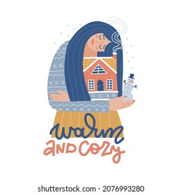 Cute girl holding small snowy house in her arms. Young woman with brown hair in a green knitted sweater hugging her home. Warm and cozy lettering concept. Isolated vector flat hand drawn illustration