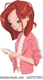 Cute girl holding smartphone. Portrait.