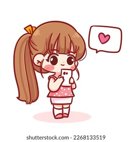 Cute girl holding smartphone with speech bubble heart cartoon character hand draw art illustration