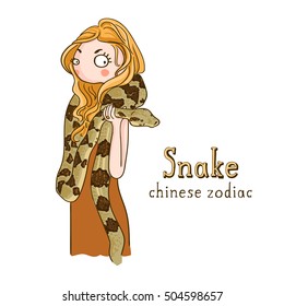 Cute girl holding snake - symbols of chinese horoscope.