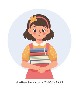 Cute girl holding a stack of books. Schoolgirl with books. Flat style illustration