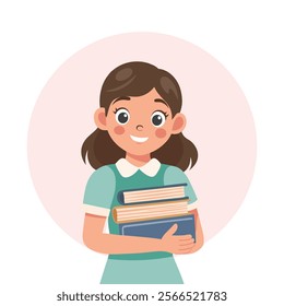 Cute girl holding a stack of books. Schoolgirl with books. Flat style illustration