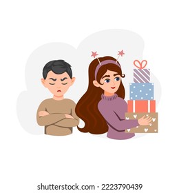 Muchacha linda con un montón de cajas de regalo delante de ella. El chico está ofendido y disgustado. Ilustración vectorial de estilo plano aislada en fondo blanco.